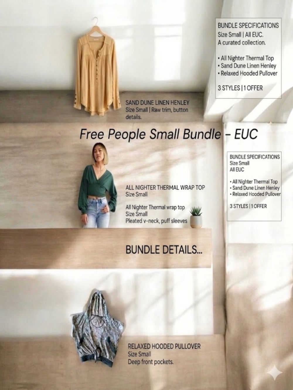 Free People Bundle | 3 Pieces | Thermal, Linen Henley, Hoodie | EUC | Sz S - Picture 1 of 12